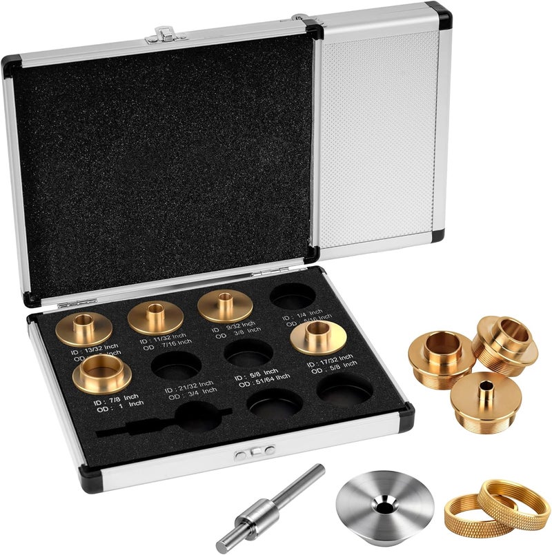 SpeTool 10-Piece Solid Router Guide Brass Router Template Bushing Guide Set with Centering Pin&Cone for Porter Cable Style Router Sub Bases Includes Aluminum Carrying Case - Image 1